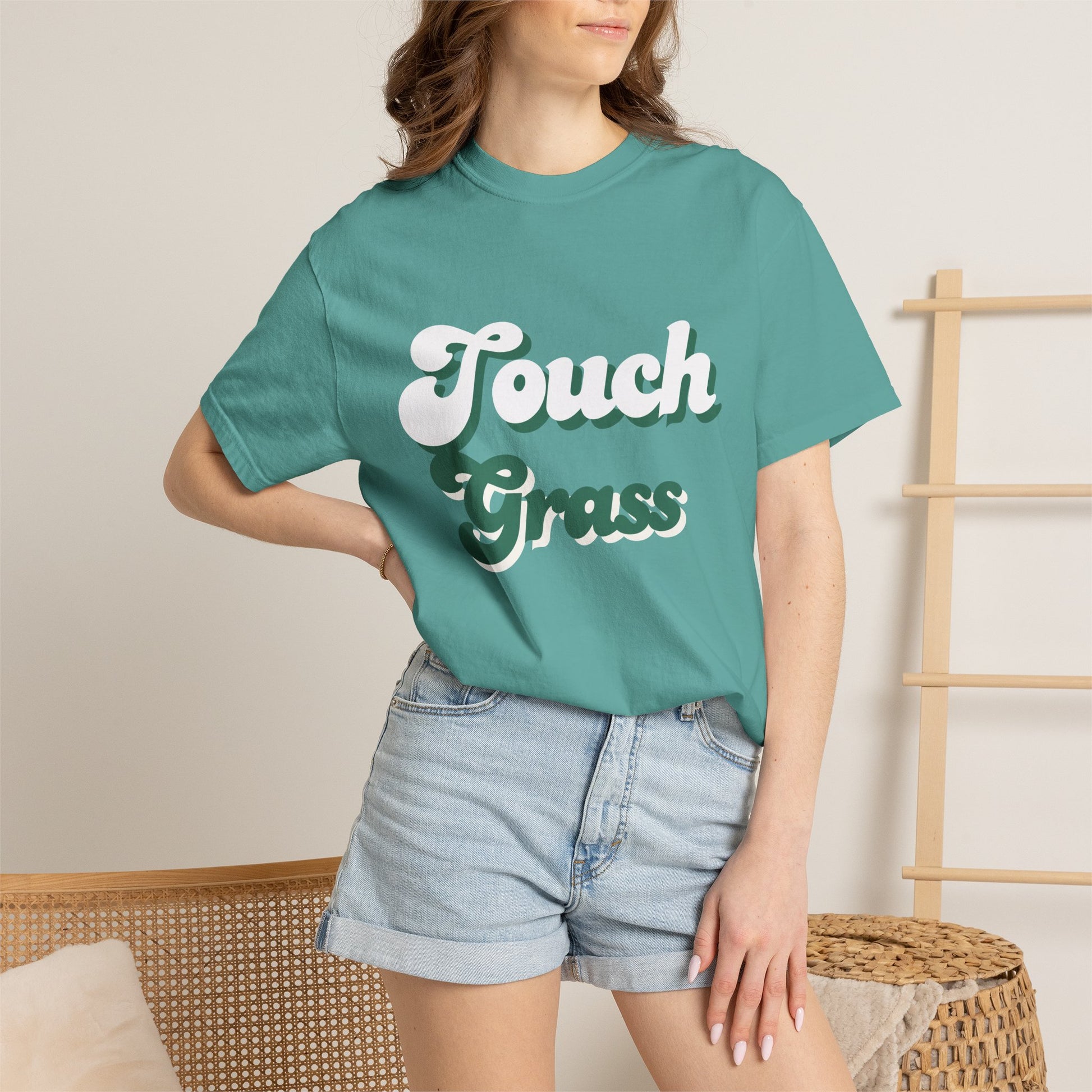 Retro Themed Touch Grass T-Shirt — Retro Green Script Tee for him and for her. By FITTWAVE