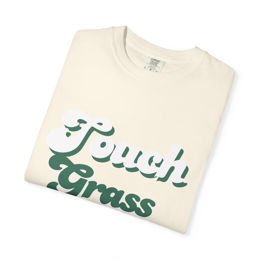 Retro Themed Touch Grass T-Shirt — Retro Green Script Tee for him and for her. By FITTWAVE