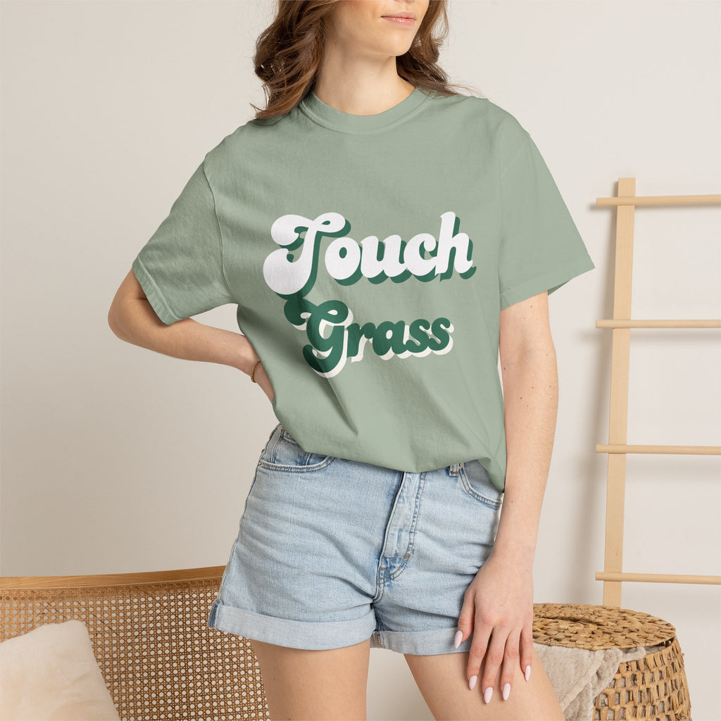 Retro Themed Touch Grass T-Shirt — Retro Green Script Tee for him and for her. By FITTWAVE