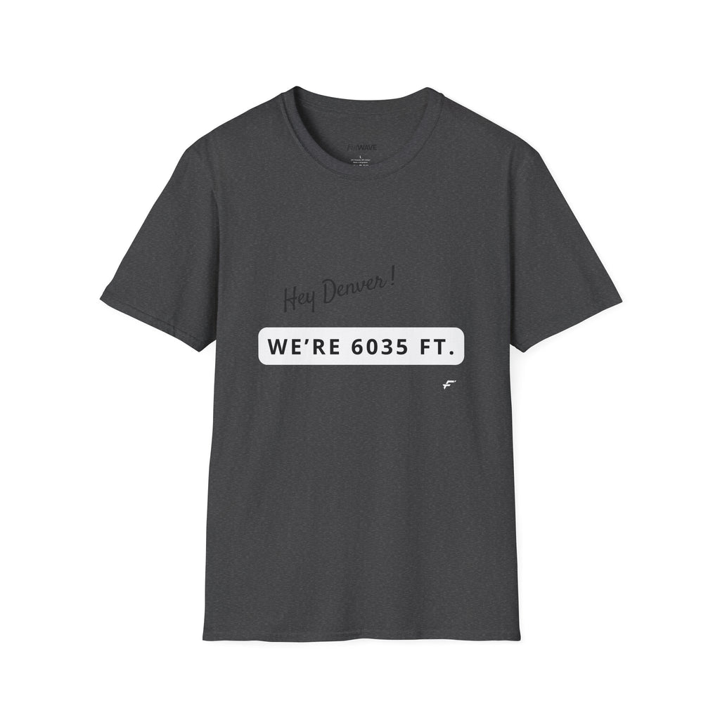 Funny Colorado Springs and Denver Elevation T-Shirt – "Hey Denver! We're 6035 ft." Colorado Springs City Pride Unisex Tee.