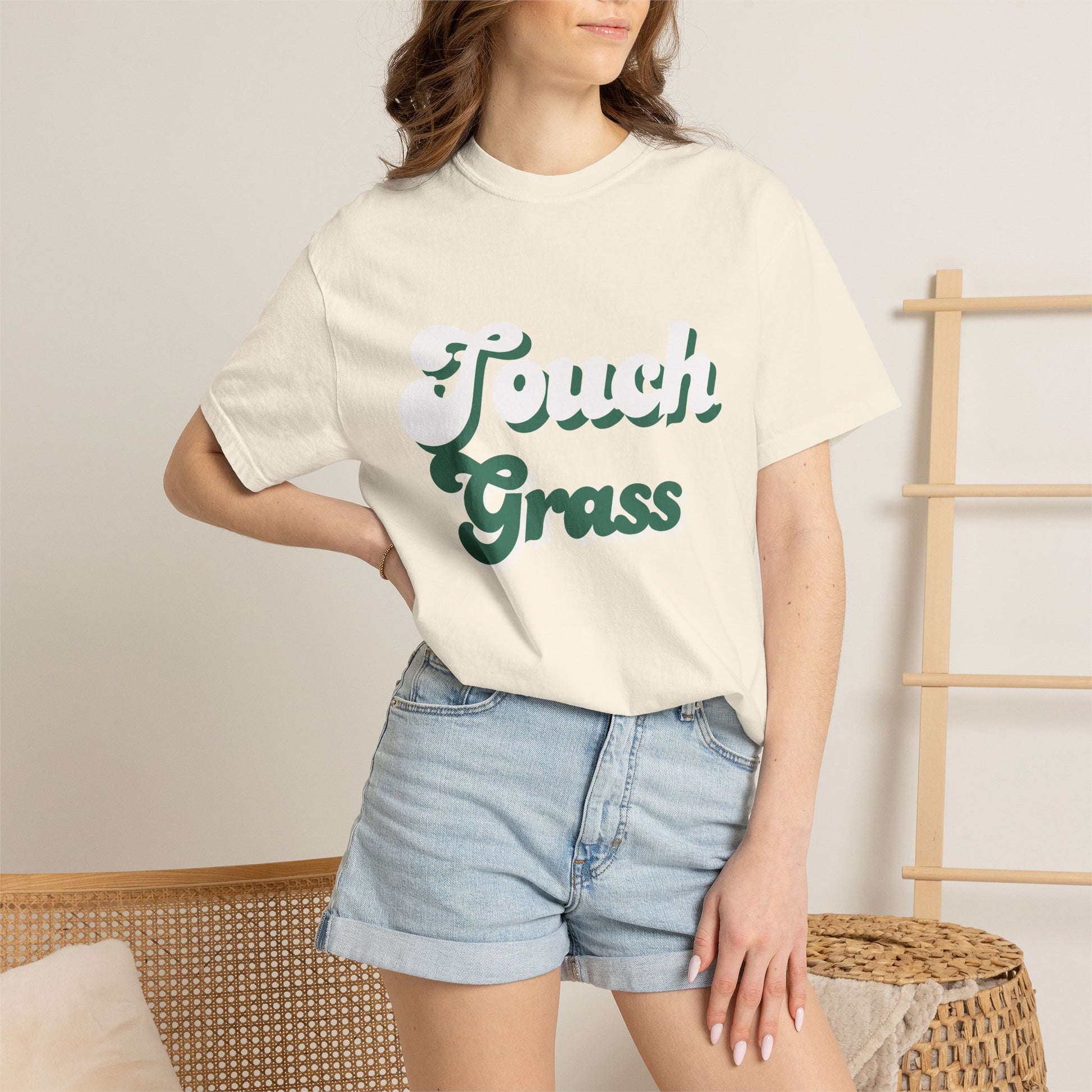 Retro Themed Touch Grass T-Shirt — Retro Green Script Tee for him and for her. By FITTWAVE