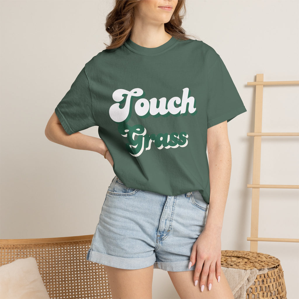 Retro Themed Touch Grass T-Shirt — Retro Green Script Tee for him and for her. By FITTWAVE