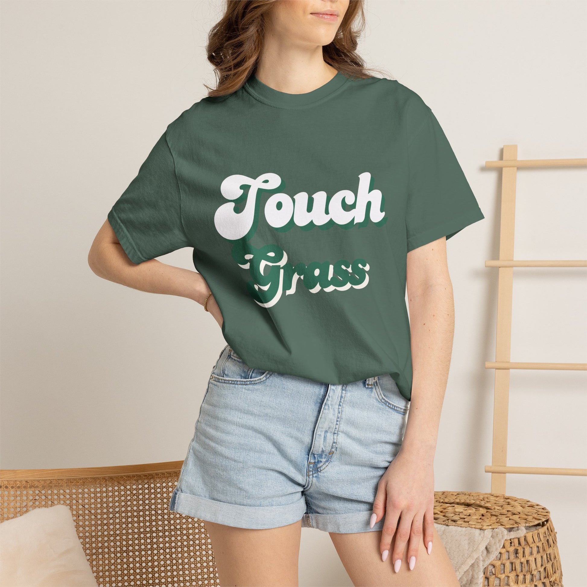 Retro Themed Touch Grass T-Shirt — Retro Green Script Tee for him and for her. By FITTWAVE
