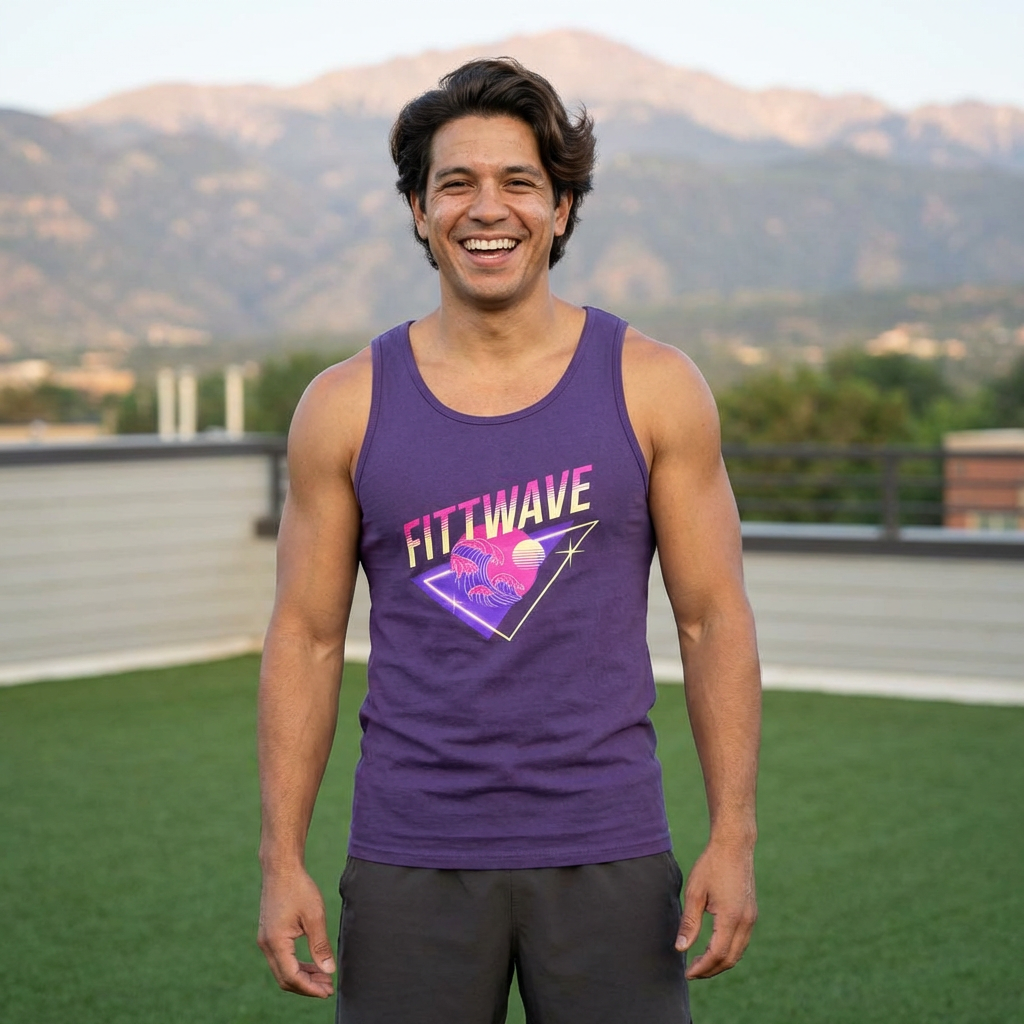 Fittwave Retro Vaporwave Tank Top — Uni-Sex 80s Sunset Palm Fitness Tee for Summer