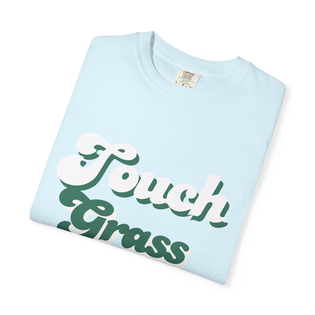 Retro Themed Touch Grass T-Shirt — Retro Green Script Tee for him and for her. By FITTWAVE