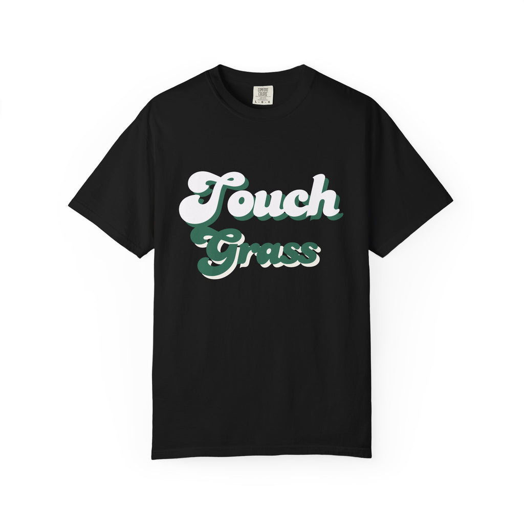Retro Themed Touch Grass T-Shirt — Retro Green Script Tee for him and for her. By FITTWAVE