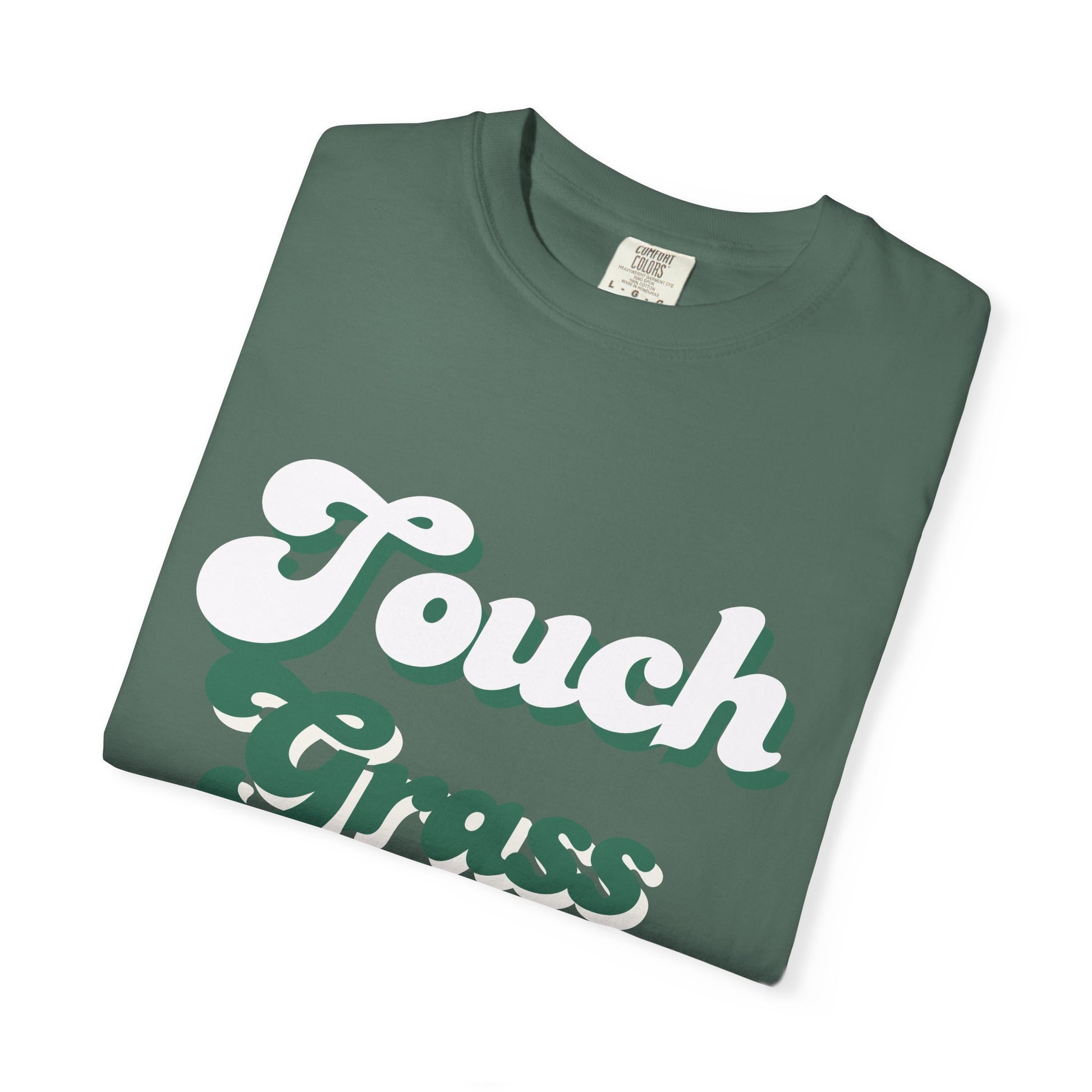 Retro Themed Touch Grass T-Shirt — Retro Green Script Tee for him and for her. By FITTWAVE