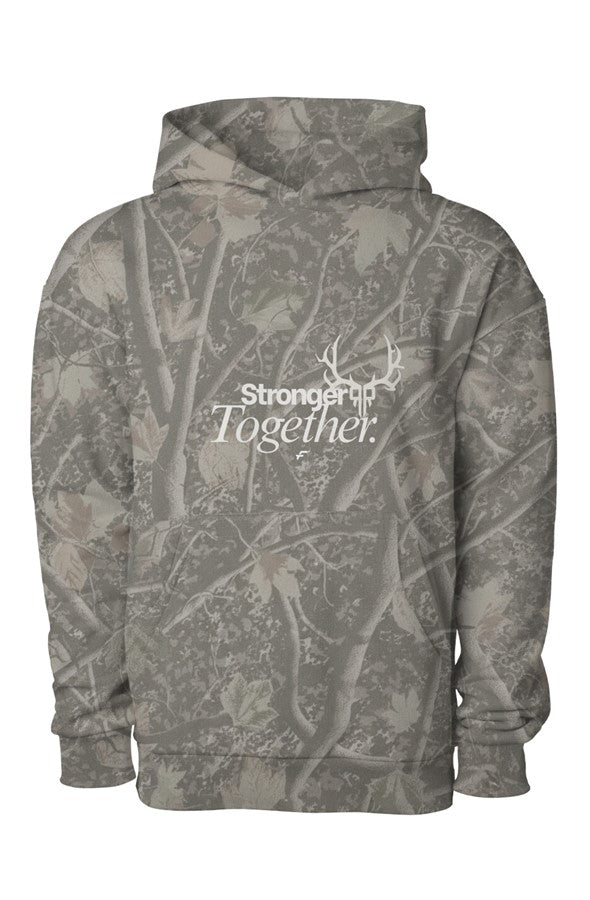 White Skull - Stronger Together. FITTWAVE AND Ranch and Rifle Collab. Camo Heavyweight Workout Hoodie. 