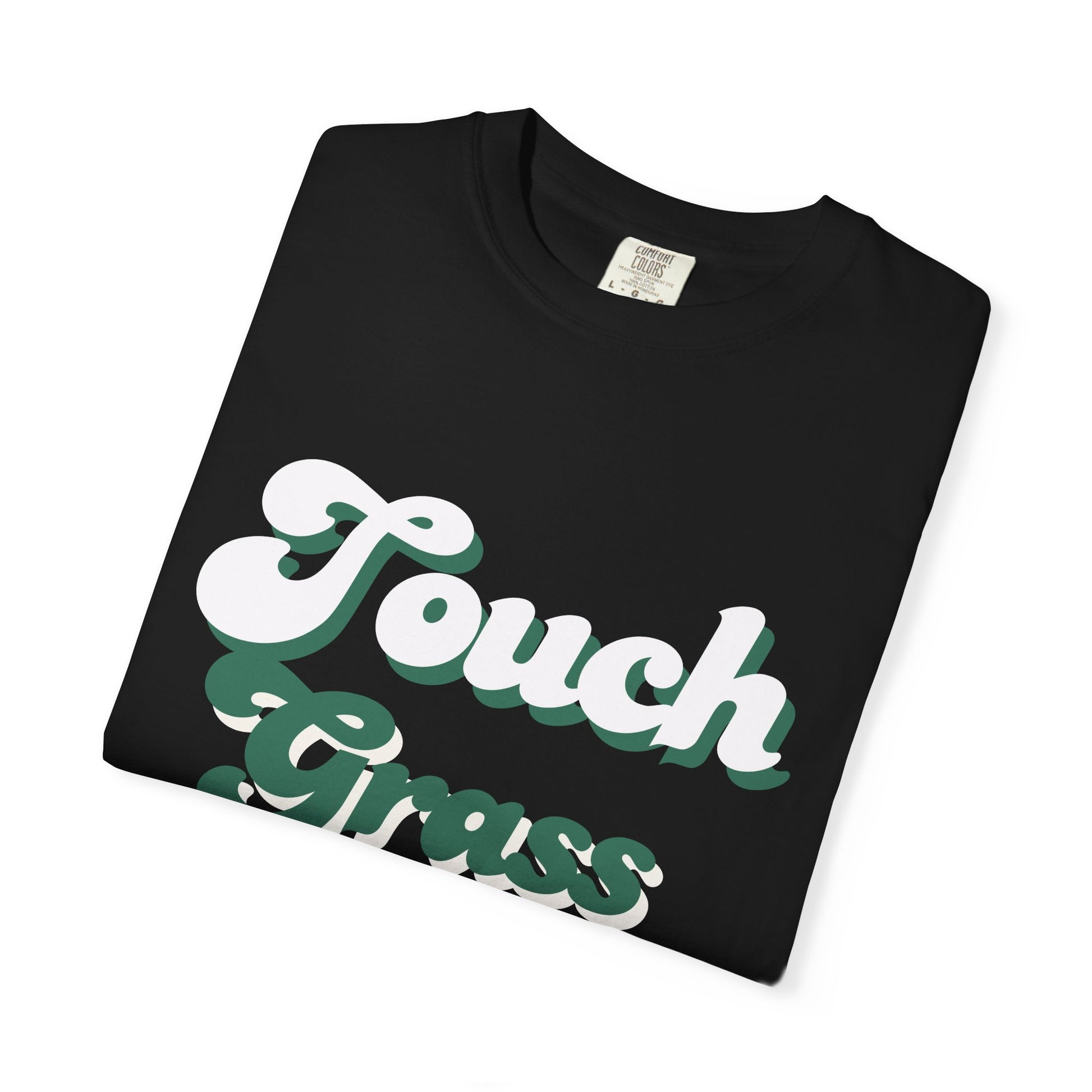 Retro Themed Touch Grass T-Shirt — Retro Green Script Tee for him and for her. By FITTWAVE