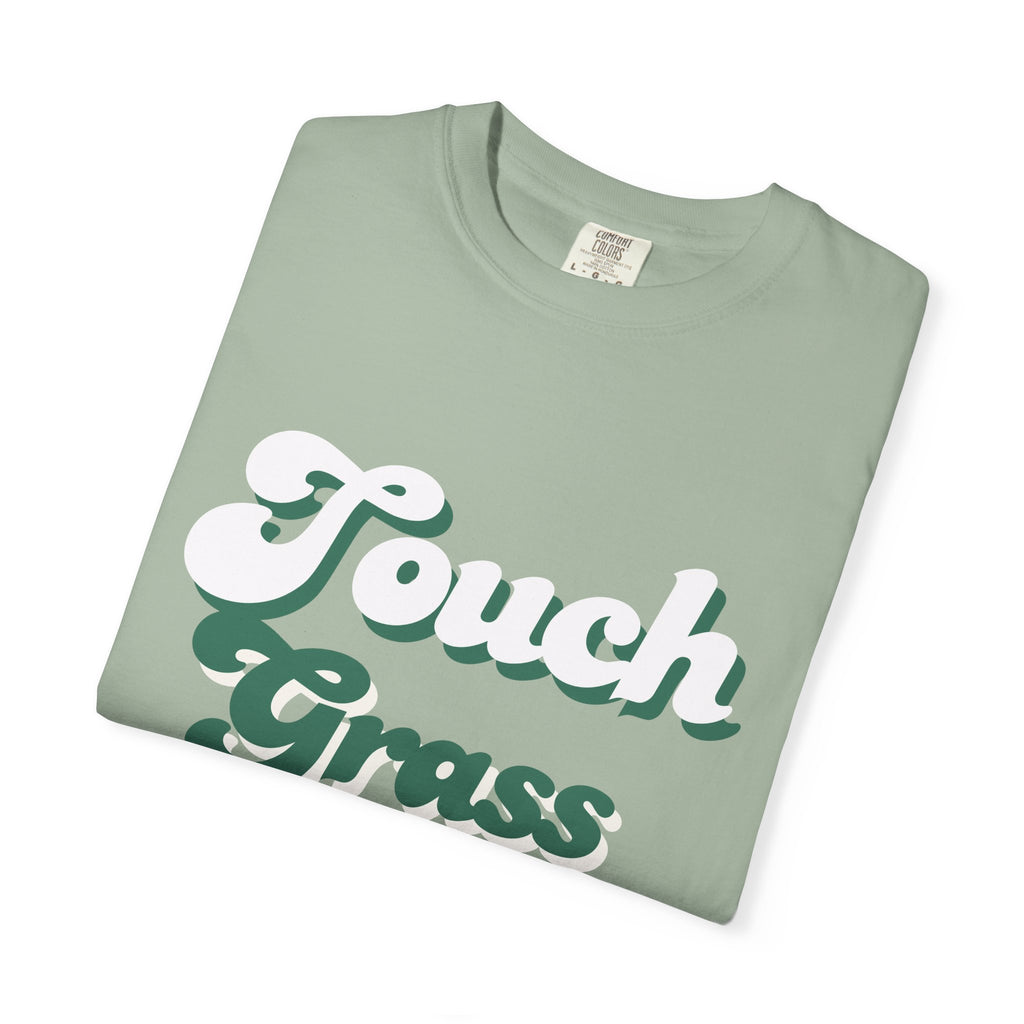 Retro Themed Touch Grass T-Shirt — Retro Green Script Tee for him and for her. By FITTWAVE