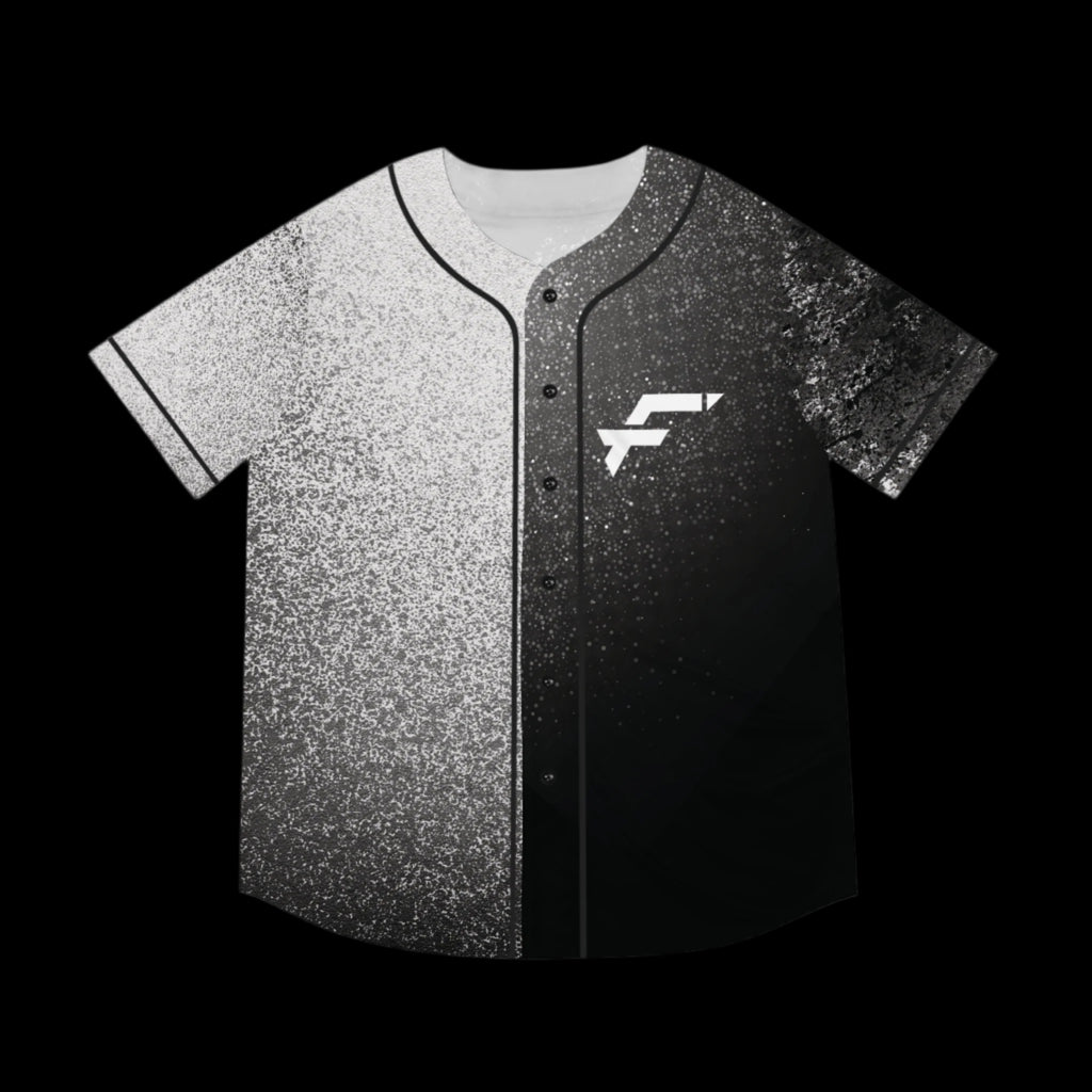 Black and gray gradient baseball jersey with Fittwave logo on a white background. Jersey is moisture wicking and focused on fitness and raves. 