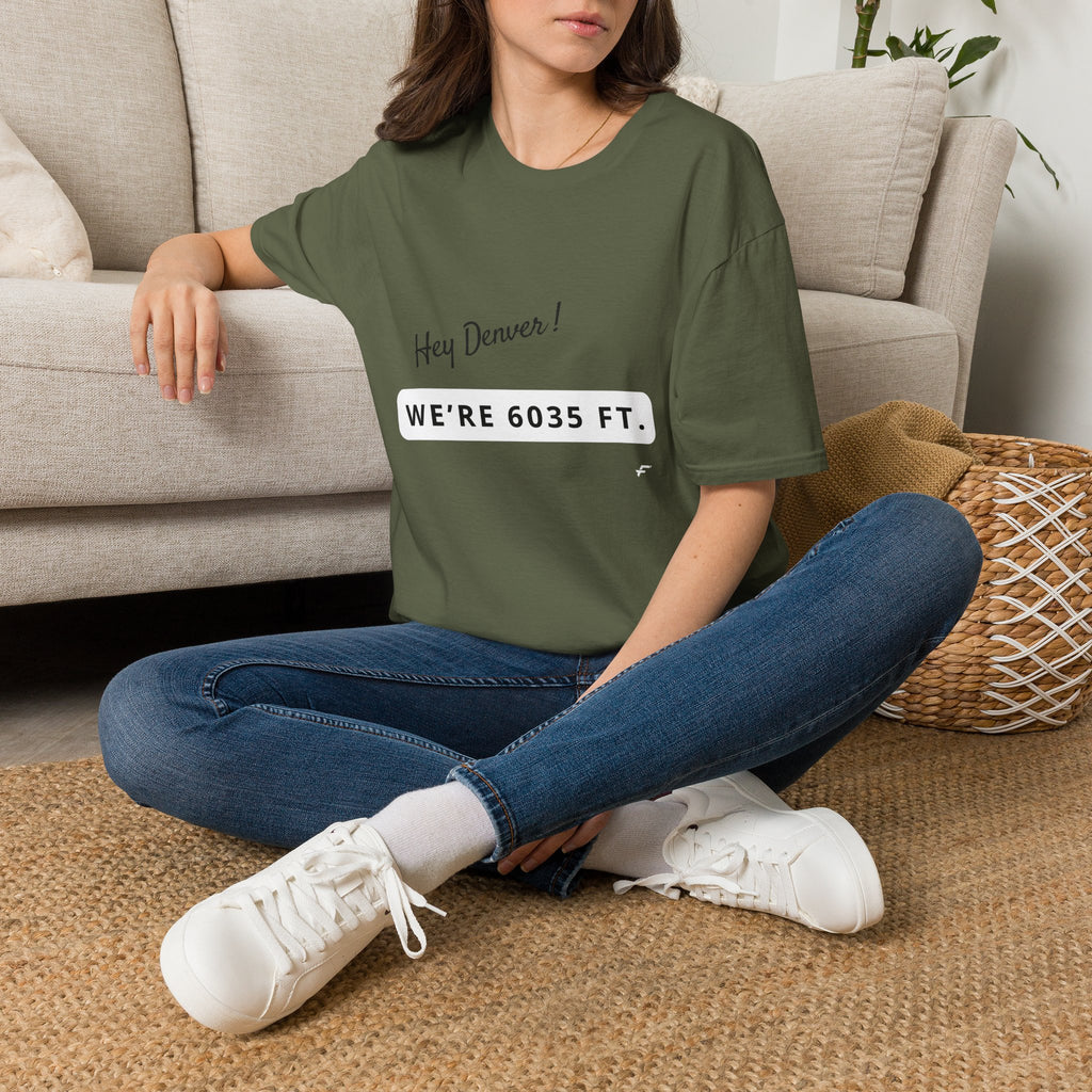 Funny Colorado Springs and Denver Elevation T-Shirt – "Hey Denver! We're 6035 ft." Colorado Springs City Pride Unisex Tee.