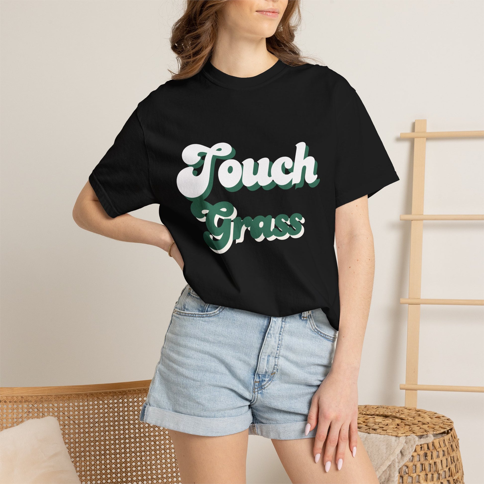 Retro Themed Touch Grass T-Shirt — Retro Green Script Tee for him and for her. By FITTWAVE