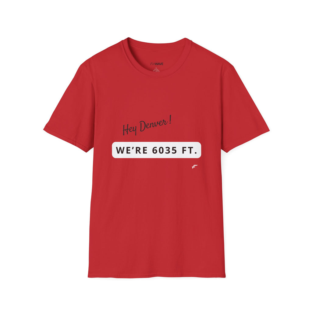 Funny Colorado Springs and Denver Elevation T-Shirt – "Hey Denver! We're 6035 ft." Colorado Springs City Pride Unisex Tee.